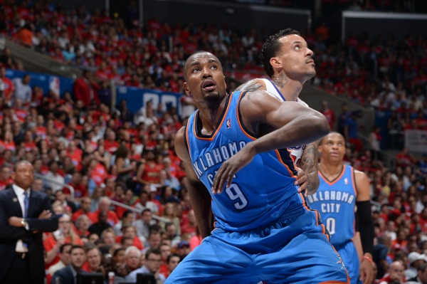 Serge Ibaka injured his calf in the Thunder's Game 6 win over the Clippers. (Andrew D. Bernstein/NBAE via Getty Images)
